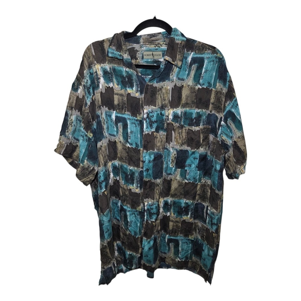 Robert Stock Mens 100% Silk Abstract Button Front Shirt Size L Geometric Artsy